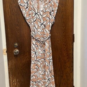 LOFT Tan w/ White Flowers &Navy Blue Dress with Fabric Tie and Front V-Neck